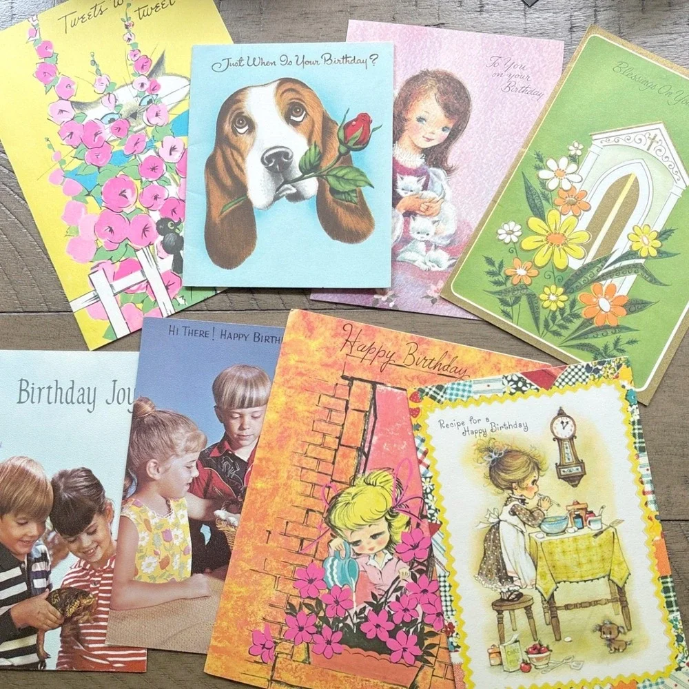 Vintage Birthday Greeting Card Lot 8pc Sunshine Line Art Guild Basset Hound MCM